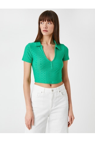 Koton Polo Yaka Crop Tişört Uzun Kollu Yeşil 3sak50066ek Fıstık Yeşili