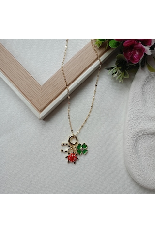 Lente Aksesuar Yonca, Uğurböceği, Nal Figürlü Çelik 14k Altın Rengi Charm Şans Kadın Kolye Gold
