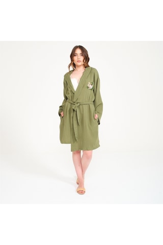 Ördek Nakışlı Kısa Kapüşonlu Müslin Kadın Bornoz-Yeşil