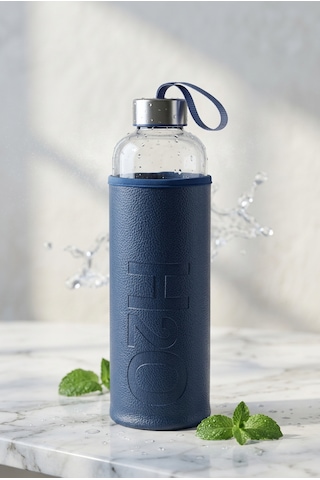 H2o Sağlıklı Cam Matara 1000 Ml Su Şişesi, Deri Kılıflı 1 Lt Sporcu Suluğu Lacivert