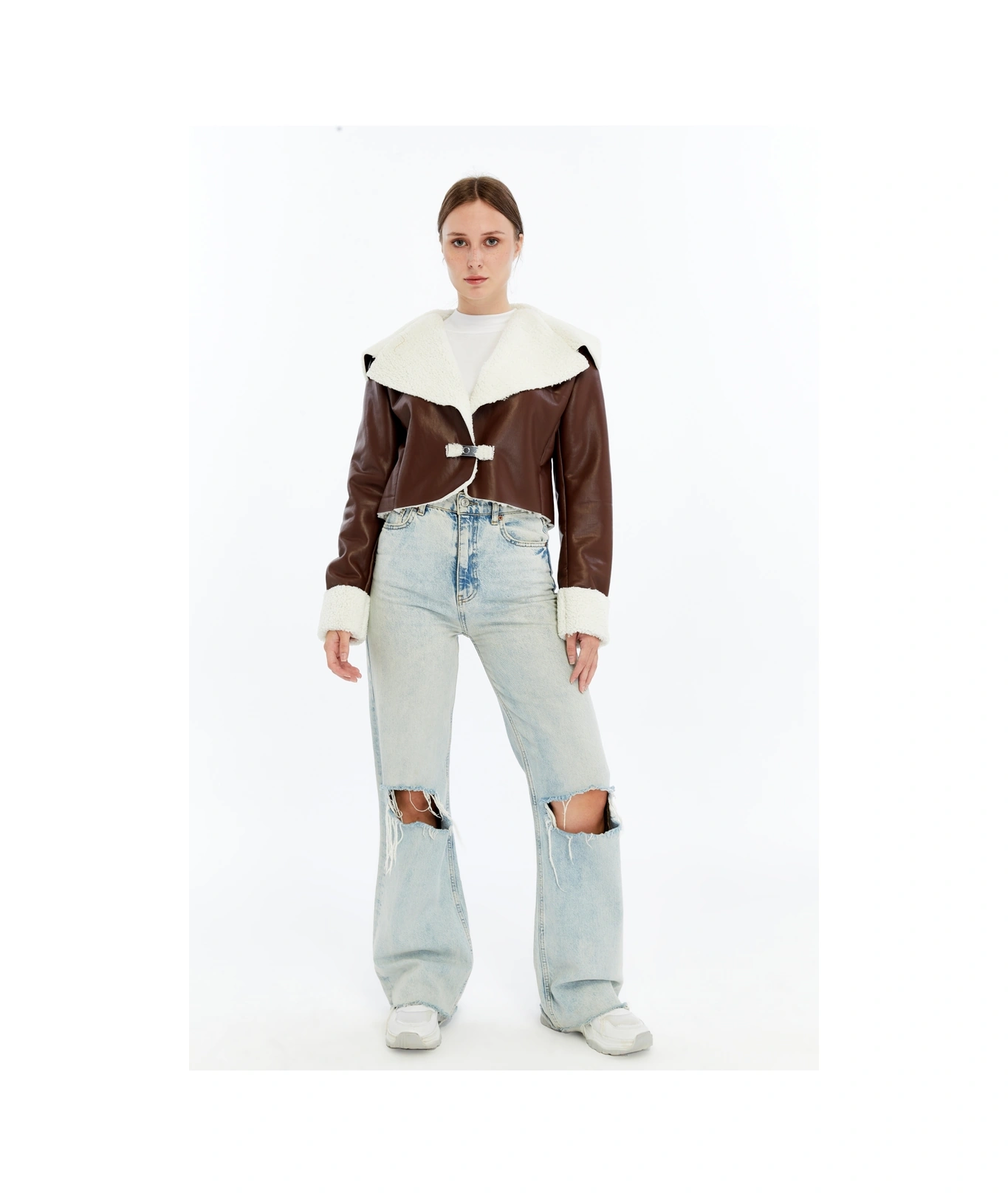 Kadın Oversize Deri Mont Kürklü Ceket Niş Kompakt Tasarım Günlük Spor Görünüm Kahverengi