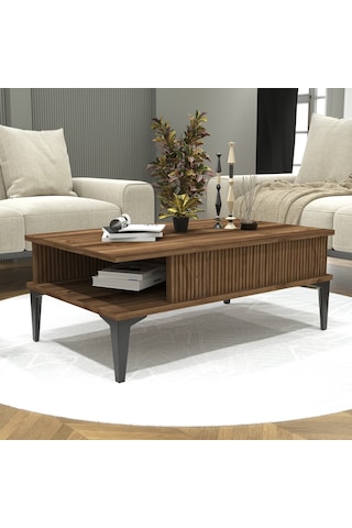 Marin Orta Sehpa , Ceviz , Çizgi Desenli , Raflı