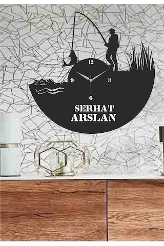 Kişiye Özel Isimli Balıkçı Temalı Ahşap Duvar Saati (548317033) Siyah