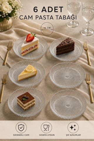 6 Adet Çizgili Cam Pasta Tabağı Seti 16 Cm Tatlı, Kek Ve Sunum Tabağı Şeffaf