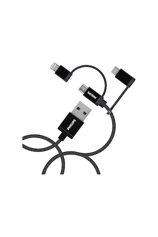 Philips Uyumlu DLC3106T MFI Lisanslı 3 In 1 Micro Usb-Lightning-Type-C Hızlı Şarj ve Data Kablosu 2 M Siyah