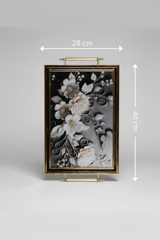 Siyah Kelebek Desenli 40x28cm Metal Kulplu Lüks Sunum Ve Servis Tepsisi