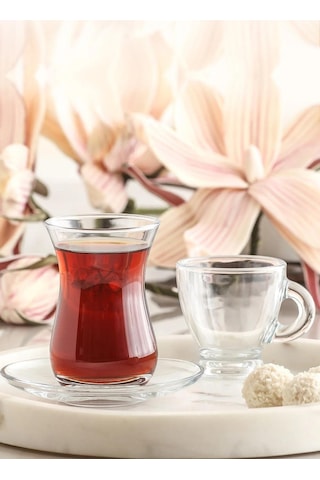 Lav Sohbet 18 Parça Set - Çay Bardağı Tabağı Kahve Fincanı Seti Takımı Şeffaf