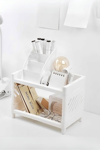2 Adet 2 Katlı Beyaz Plastik Çok Amaçlı Makyaj Banyo Ofis Raf Organizeri Mıt1280 Beyaz