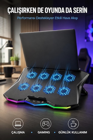 Uptech Rgb Laptop Soğutucu 8 Fanlı Ayarlanabilir Standlı Notebook Soğutucu