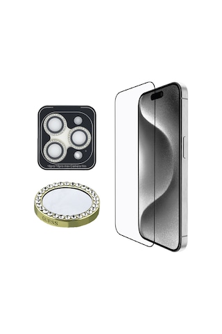 Apple Uyumlu iPhone 16 Pro Guess Lisanslı Rhinestone Ekran Ve Lens Koruyucu 2in1 Aksesuar Seti Gold