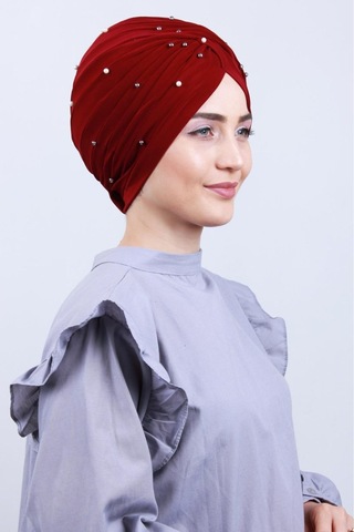 Melodi Scarf Kadın Tesettür İncili Taşlı Vera Dış Bone Bordo Bordo