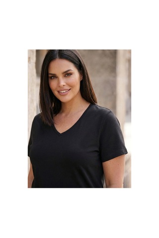 Hanezza Kadın Büyük Beden V Yaka Yanı Yırtmaçlı Pamuklu Viskon T- Shirt Serifikalı Kumaş Siyah - 30798238 Siyah