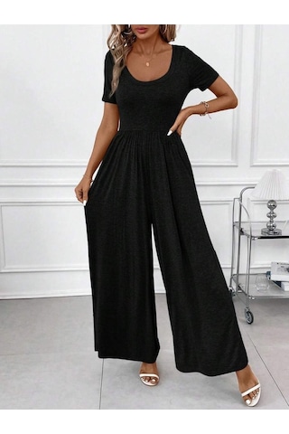 Soonaksesuar Kadın Kısa Kollu Yuvarlak Yaka Geniş Paçalı Bürümcük Tulum Siyah