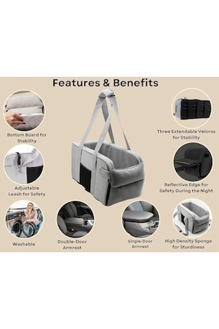 Tuomeng Köpek Araba Koltuğu Yıkanabilir Pet Araba Koltuğu Alt Plaka Üç Velcro Sabit Açık Gri