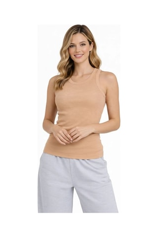 Mbb E-ticaret Kadın Fitilli Atlet Sıfır Yaka Slim Fit Arka Baskılı Spor Atlet - Bej