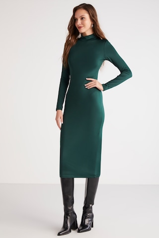 Ethıquet Katja Kadın Vücudu Tamamen Saran Slim Fit Dar Kesim Dik Yaka Midi Boy Yeşil Elbise