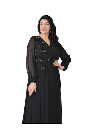 Lilas Xxl Kadın Büyük Beden Uzun Şifon Abiye Elbise 9571 Siyah