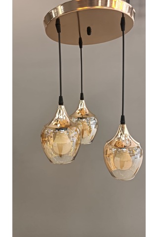 3'lü Krom Şapkalı Sarı Açık Ağız Camlı Sarkıt Avize Gold