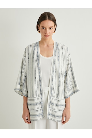 Koton Kimono Geniş Yarım Kollu Cepli Keten Karışımlı Mavi Çizgili 4sak50011pw Mavi Çizgili