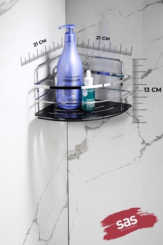 2’li Kancalı Yapışkanlı Banyo Duş Köşe Rafı – Ayarlanabilir Kristal Raf (Yapıştır/Vidala) Krom-Siyah - LK-01 - KS
