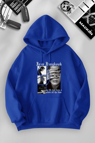 Macklin Unisex Kadın Erkek Jeon Jungkook Bts Özel Tasarım Baskılı Kapşonlu Sweatshirt Mavi Mck1047 Mavi