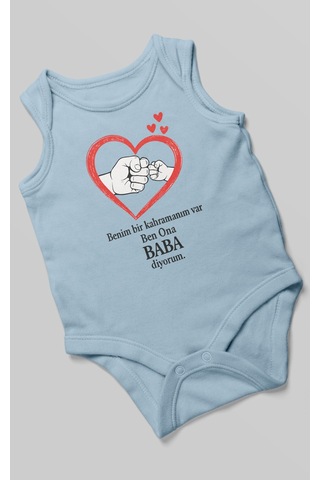 Benim Bir Kahramanım Varc Ben Ona Baba Diyorum Baskılı Bebek Zıbını Çıtçıtlı Body Sıfır Kol Bebe Mavisi