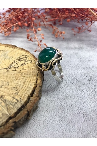 Yeşil Akik Taşı Gümüş Yüzük 925 Ayar Doğal Taş - 251995303
