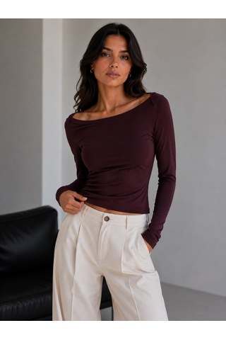 Sortie Collection Geniş Kayık Yaka Uzun Kollu Slim Fit Bluz Mürdüm