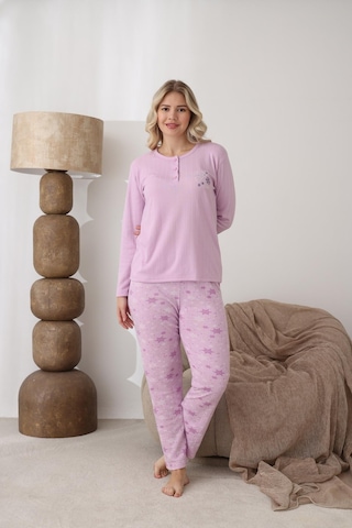 Lindros Kadın Pamuk'lu Düğme Yaka Raporlu İnterlok Kışlık Pijama Takımı 05163 - 1 Adet Gül Kurusu