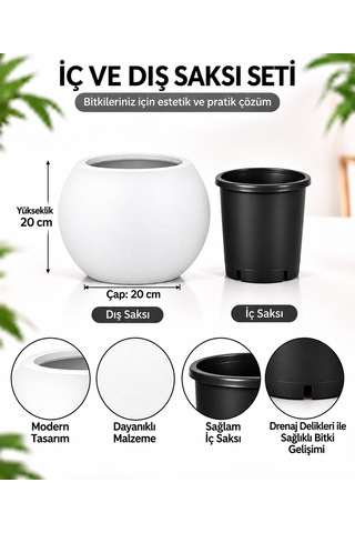 20x20 Cm Yuvarlak Dekoratif Saksı İçlikli, Modern Tasarım Salon Ve Bahçe Saksısı 9 Litre -