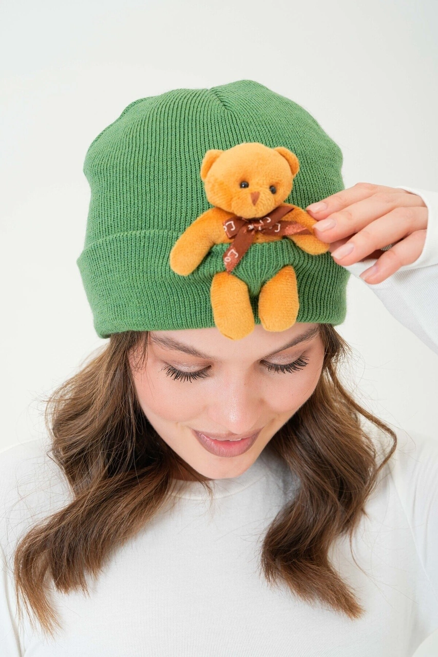 Mamayaga Unisex Ayılı Spor Şık Tasarım Hediyelik Bebe Mavisi Bere Yeşil