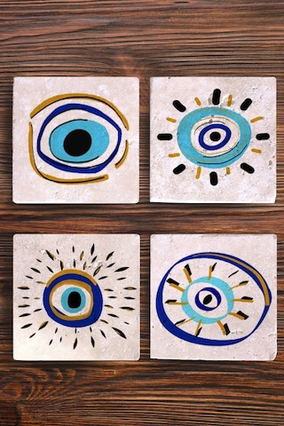 Taş Bardak Altlığı Nazar Boncuğu Baskılı 4'lü Set Çok Renkli