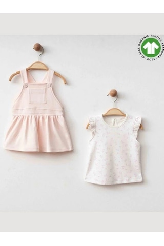 Zekids Kız Bebek Organik Pamuklu T-shirt İkili Elbise Takım-15907 Pembe