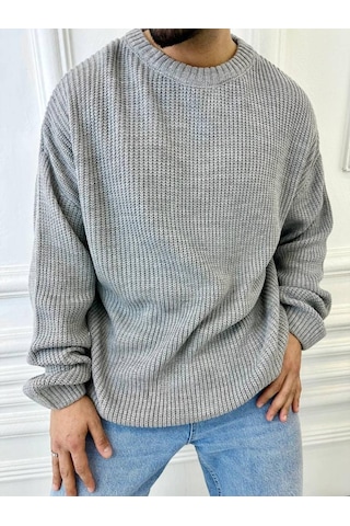 Kazak Oversize Çift Kat Örme Naturel Pamuk Bol Kesim Tüylenmeyen Salaş Triko Kazak Gri