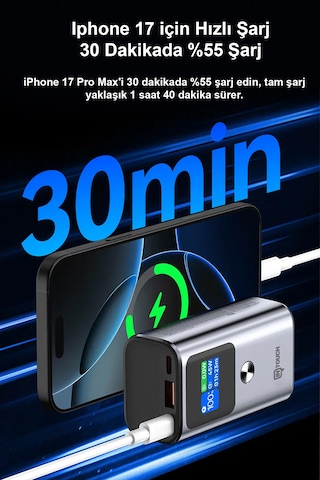 10.000mah Ultra Hızlı Şarj 55w Tft Ekranlı Powerbank - Premium Serisi Gri - Siyah