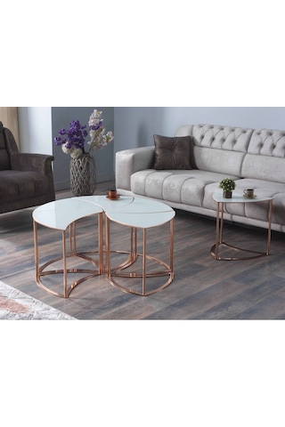 Premium Modern Yuvarlak Sehpa 6 Lı Takım Beyaz Bronz Mdf