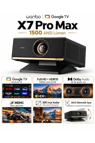 Wanbo X7 Pro Max Google Tv Projeksiyon Cihazı, 1500 Ansı Lümen, Full Hd 1080p, 4k Destekli, Otomatik Odaklama