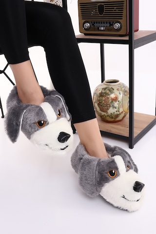 Wordex Hayvanlı H10 Köpekli Kışlık Kadın Erkek Çocuk Panduf Ev Içi Sessiz Taban Panduf Gri