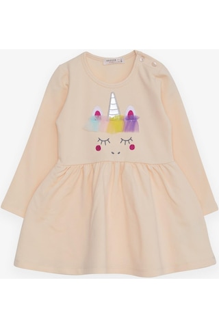 Breeze Kız Çocuk Uzun Kollu Elbise Tüllü Unicorn Nakışlı 1.5-5 Yaş, Krem-krem Krem
