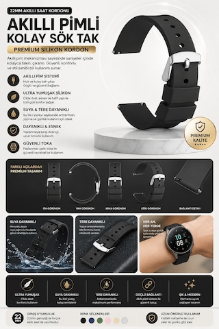 Amazfit Gtr 2 Uyumlu Siyah Yumuşak Silikon 22mm Akıllı Saat Kordonu