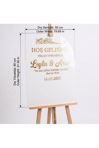 Beyaz Akrilik Düğün Karşılama Panosu 50x80 Cm Gold Yazılı Büyük Boy