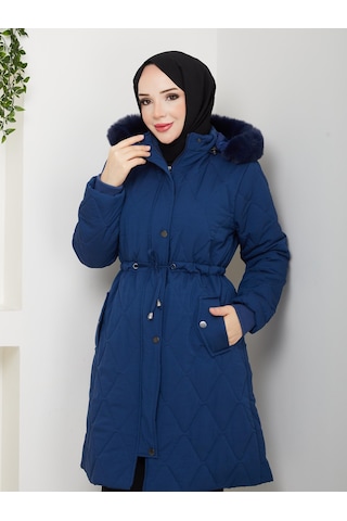 Eslemnur Belden Bağcıklı Şişme Mont Krinkıl Kumaş Mavi