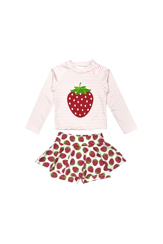Lolliboomkids Kız Çocuk Çilek Desenli Uzun Kollu Tayt Etekli 2 Parça Mayo / Bikini Takımı Çilek Çok Renkli