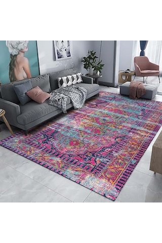 Lane Kadife Pamuk Tabanlı Yıkanabilen Kaydırmaz Antibakteriyel Salon Halısı 140x200 Çok Renkli