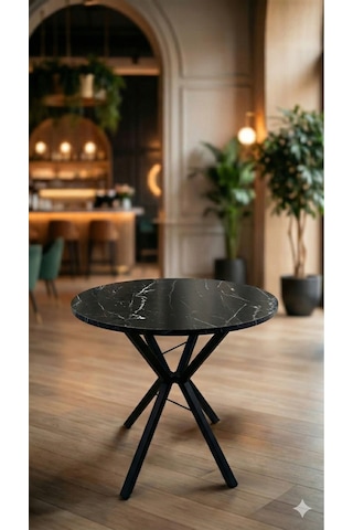 70 Cm Siyah Metal Ayak 2-3 Kişilik Yuvarlak Masa Mutfak Masası Balkon Masası Kafe Masası Ofis Masası Siyah Mermer Desenli