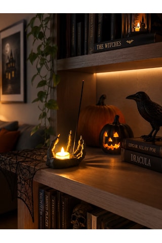 Halloween Temalı El Figürlü Mumluk Ve Tütsülük Pilli Mum Uyumlu Halloween Temalı Ev Dekorasyonu Objesi