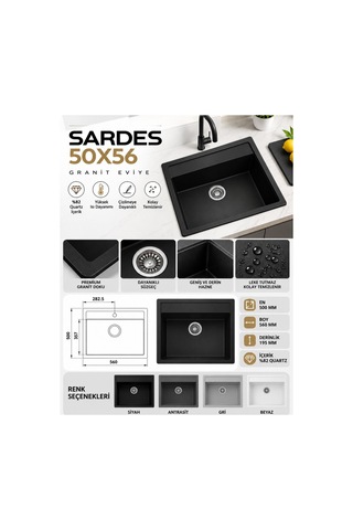 Granit Evye Sardes Series Gri Renk En:50 Mm Boy :61 Mm Derinlik :195 Mm