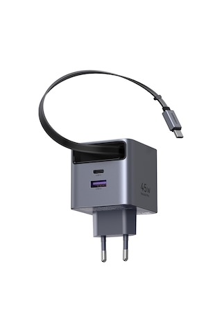 Ugreen 45w Makaralı Dahili Kablolu Gan Hızlı Şarj Cihazı, 2xusb-c, 1xusb-a, Gri, 65822