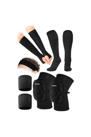 Voleybol Spor Seti - Dizlik, Elik, Saç Bandı, Bilek Havlusu Ve Uzun Çorap Ile Tam Takım Altın - Siyah