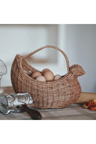 Pazly Suntek Rattan Yumurta Depolama Sepeti Tavuk Şeklinde Rustik Kahverengi Kahverengi